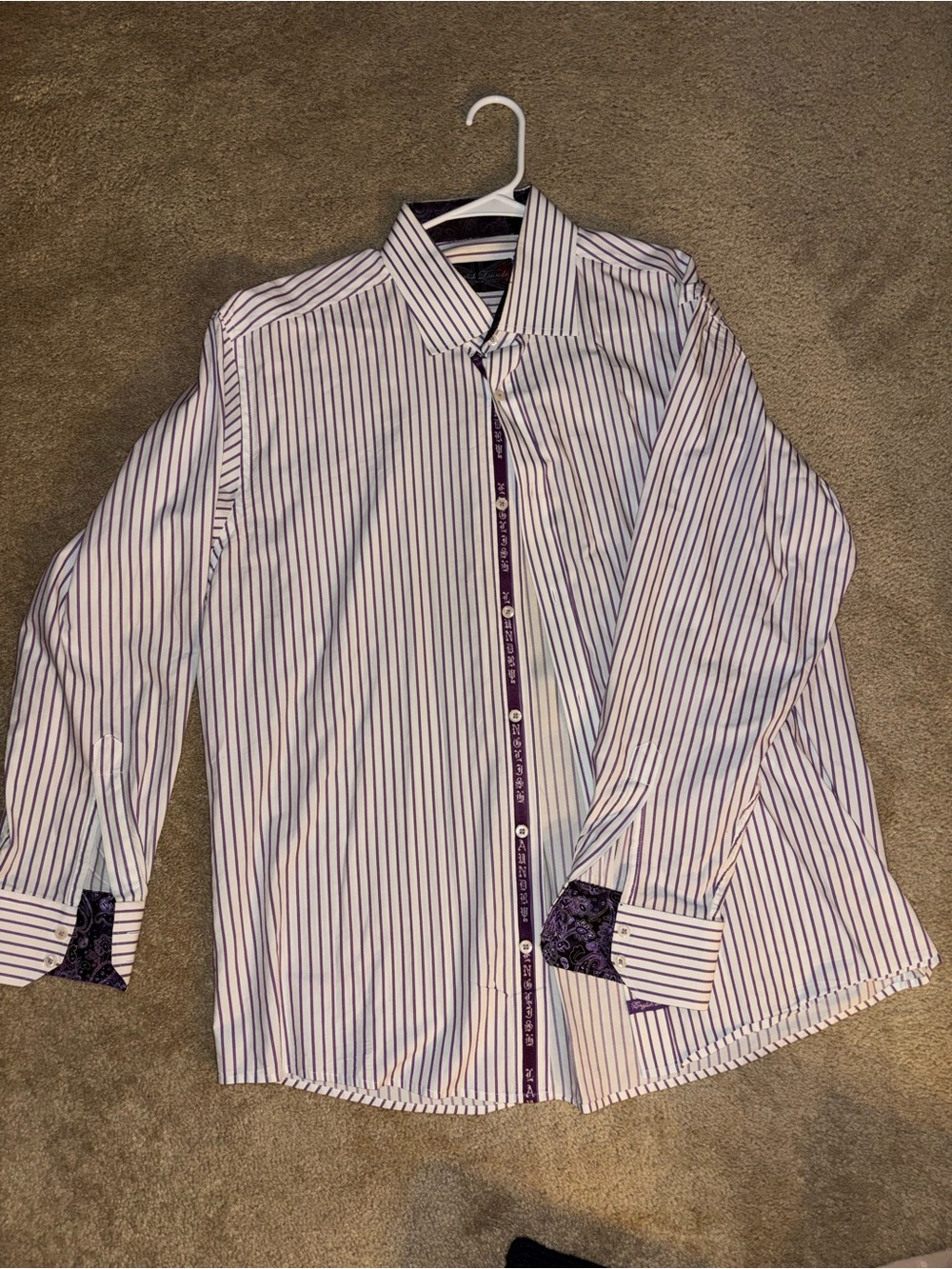 English Laundry White Dress Shirt with Purple Pinstripes and Contrast Trim